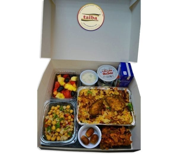 PARCEL BOX, RAMADAN MENU, Salad, Chicken Biryani, Raita Pakora, Dates, Fruit Salad, Water Cup, Juice taiba farms Ramadan meals Iftar meals
