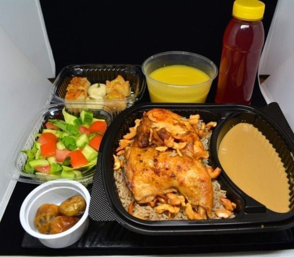 Parcel Box Ramadan Iftar Lentil Soup, Salad, Roast Chicken with Oriental Rice, Dates, Arabic Sweets, Ramadan Drink
